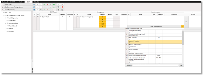 Screenshot of the DLRA worksheet, showing the linking functionality within the Countermeasure column